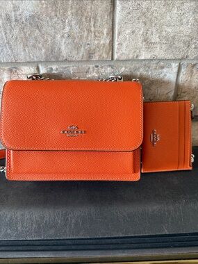 Coach Bright Orange Pebbled Leather Chain Crossbody with Card Case